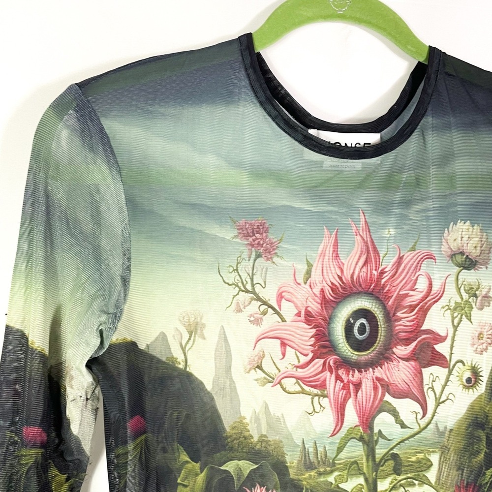Monse Rose‎ Printed Mesh Top Long Sleeve Mesh Surrealist Sheer Long Sleeve Sz L - Picture 7 of 16
